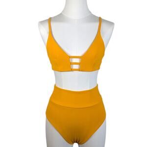 Montce Orange Ribbed High Waist Bikini Bottom Ladder Bra Top Set Women’s Small